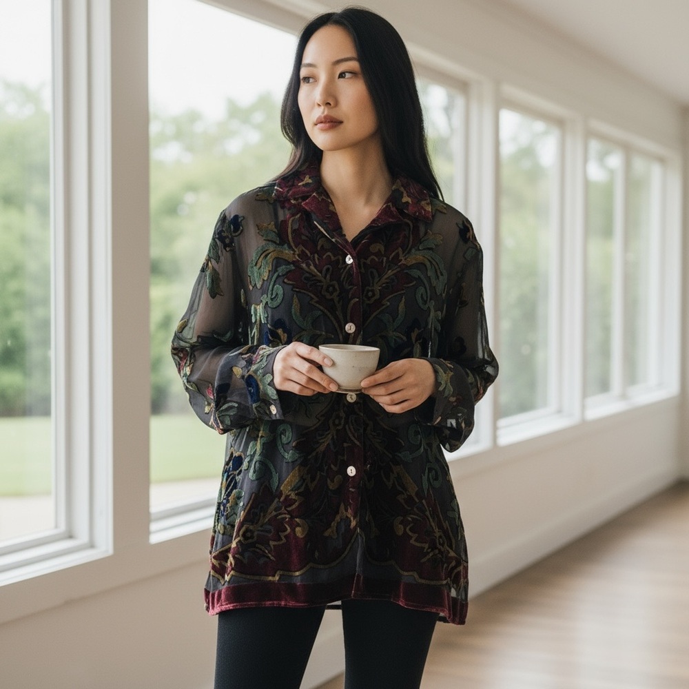 Woman's Aria Multicolor Floral Burn out‎ Velvet & Silk Button Up Blouse